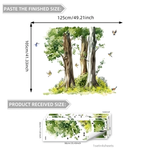 Green watercolor forest wall sticker set with trees and birds for home wall decor