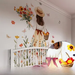 Detail of floral girl wall sticker with self-adhesive PVC texture and printed patterns