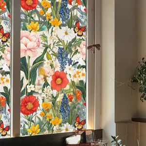 Floral and butterfly static window film with watercolor peony and daisy designs