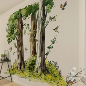 Watercolor green forest tree wall decals with birds for living room wall decoration