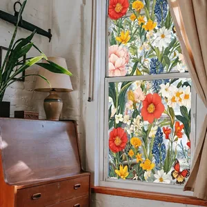 Floral frosted static window film with vintage hand-drawn poppies and peonies for privacy