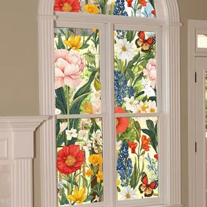 Floral static cling window film with colorful flowers and butterflies for home decoration