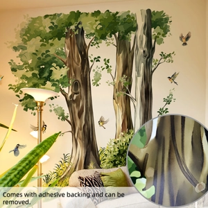 Detail of green watercolor tree wall decal featuring self-adhesive and removable texture