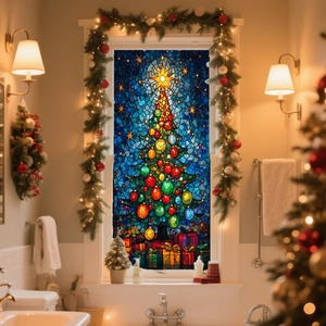 Close-up of colorful mosaic Christmas tree window sticker in a cozy home setting
