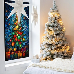 Detail of colorful stained glass style Christmas tree window cling with gift boxes