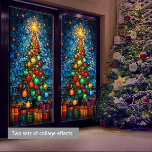 Detail of two-set collage Christmas tree window stickers with vibrant gift box patterns