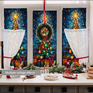 Christmas tree stained glass window stickers showing multiple collage effects in a cozy kitchen