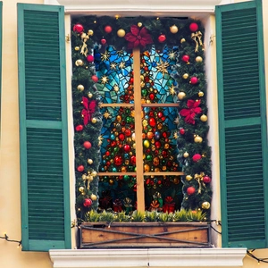 Detail of stained glass style Christmas tree window sticker with colorful ornaments