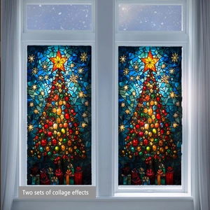 Close-up of dual Christmas tree window stickers with colorful stained glass effect
