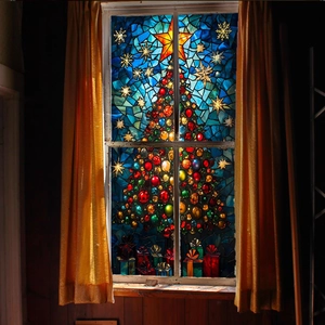 Colorful mosaic Christmas tree window sticker with gift boxes and stars in home setting