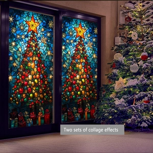 Colorful mosaic Christmas tree window decals with star topper for festive glass decoration