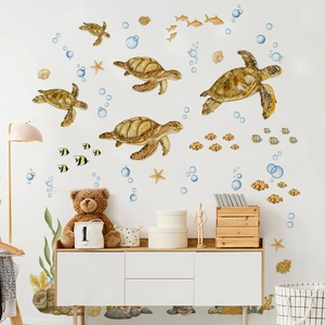 Watercolor sea turtle and tropical fish wall decals for nursery background decor