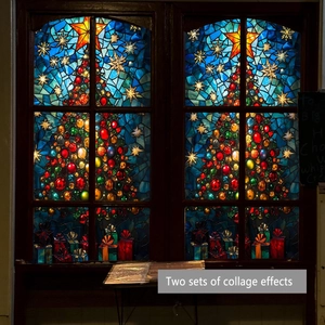 Christmas tree stained glass window decals with mosaic design and gift box details