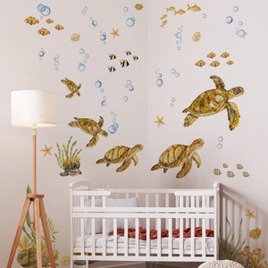 Watercolor ocean theme wall stickers with sea turtles and fish for nursery wall decor