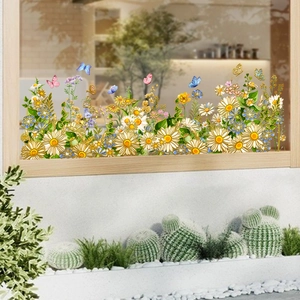 Floral daisy butterfly window stickers with gold foil details for home glass decor