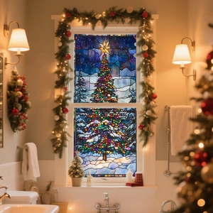 Detailed view of colorful stained glass style Christmas tree window cling on a glass pane