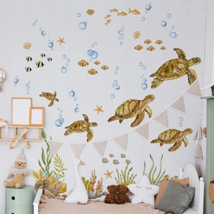 Watercolor sea turtle and tropical fish wall stickers set for kids bedroom decor