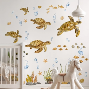 Watercolor Sea Turtle Marine Life Wall Stickers Tropical Fish Seaweed PVC Decals For Kids Room Nursery Bedroom Waterproof Self Adhesive
