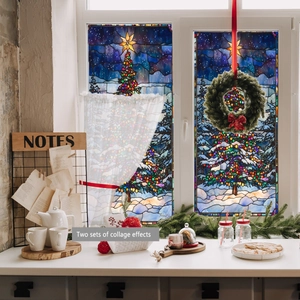 Christmas tree stained glass window decals showing two sets of collage effects