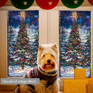 Double-sided Christmas tree window stickers showing two sets of collage effects