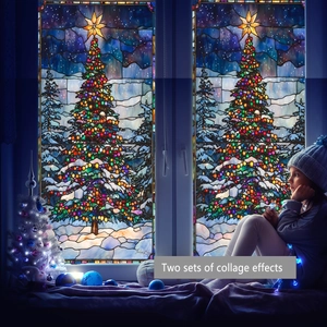 Stained glass style Christmas tree window static clings with snowy forest night scene
