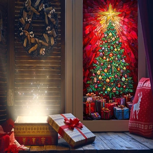 Detail of Christmas tree window sticker in stained glass style with gift boxes and star