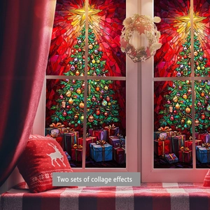 Christmas tree window stickers with colorful gift boxes and stars for festive decoration