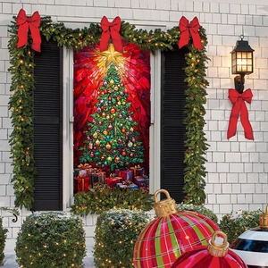 Close-up of a colorful Christmas tree window cling with gifts on a glass surface