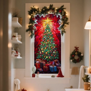 Stained glass style Christmas tree window sticker with gifts in festive bathroom setting