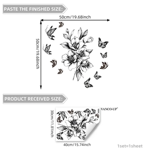 Minimalist black floral and butterfly wall decal with 50x50cm finished layout size