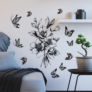 Minimalist Black Line Flower Butterfly Wall Stickers Waterproof PVC Self Adhesive Removable Decal For Living Room Home Decor