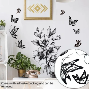 Detail of floral wall sticker with self-adhesive backing and butterfly design
