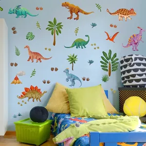 Stickers muraux dinosaures colorés avec palmiers pour décoration de chambre d'enfant