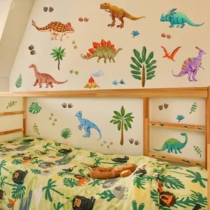 Stickers muraux dinosaures avec palmiers et volcan pour décoration de chambre d'enfant