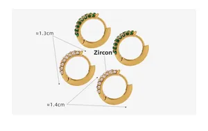 Detail showing 18K gold-plated hoop earrings with green and white zircon pavé setting