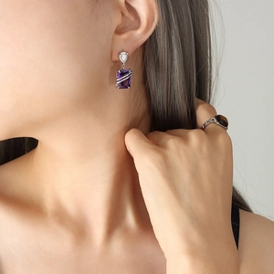 Exaggerated hip-hop earrings with square purple zircon and silver wire wrap design