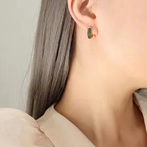 U-shaped 18K gold plated titanium earrings with emerald green zircon paving