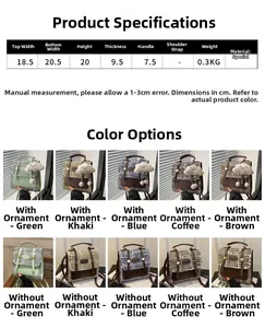 Detailed size guide and color options for the British style casual handbag with plush charm