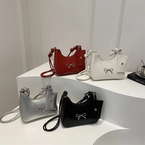 French design hobo underarm bag set with metallic bow accent in four stylish colors