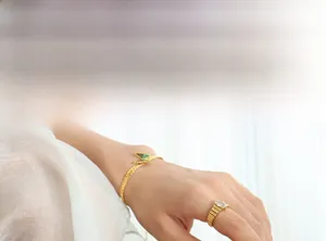 Nahaufnahme von goldenem Armband mit grünem Schmetterling und gewelltem Edelsteinring