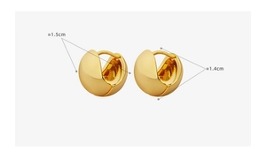 Detail view of gold C-shaped earrings with polished finish and size dimensions