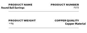 Detail specifications for copper C-shape ball earrings showing weight and item ID