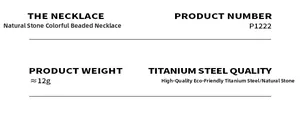 Detailed spec sheet showing natural stone bead necklace dimensions and titanium steel material