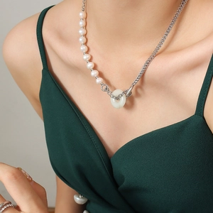 Collier Épissage En Perles D'eau Douce Acier Titane Pendentif Jade Style Ethnique Bijoux Pour Femmes