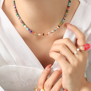 Bohemian Colorful Natural Stone Beaded Necklace Ethnic Style Stainless Steel Gold Plated Cylinder Beads For Women
