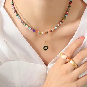 Bohemian colorful natural stone beaded layered necklace with golden rose pendant