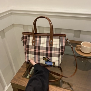 Retro Damen Plaid Canvas Umhängetasche Süße Dackel Hund Stickerei Handtasche PU Leder Riemen Koreanischer Stil Tote Bag