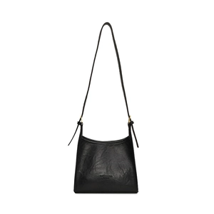 Chic black leather underarm shoulder bag with vintage texture and gold buckle detail