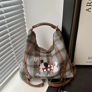 Plaid tweed multipurpose backpack with cartoon dog print and brown leather straps