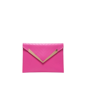 Fuchsia envelope clutch bag with V-shaped quilting and gold metal accent on white background